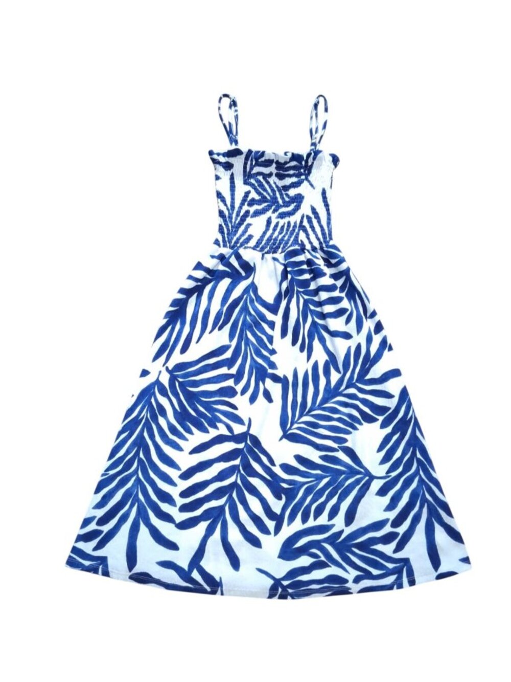 Tropical leaf Print Sundress Smocked Bodice Adjustable Straps Blue White Size S